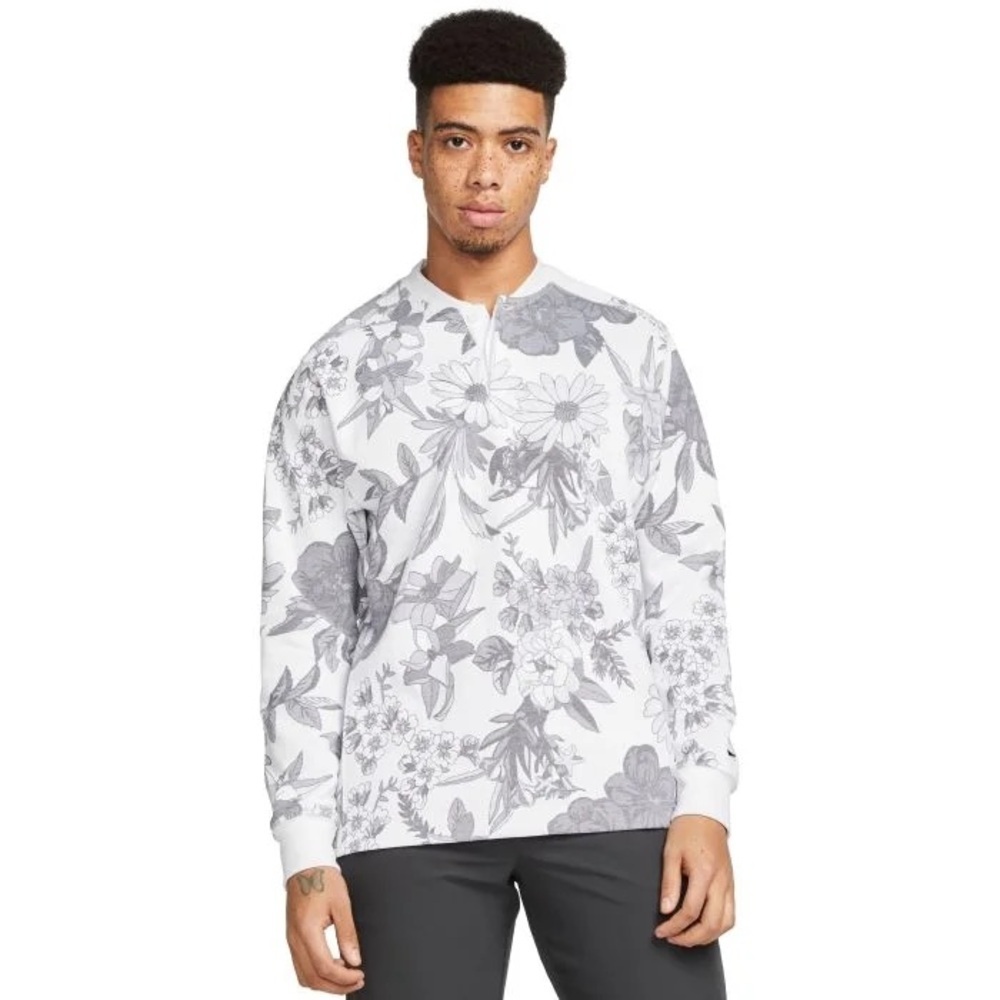 Nike Dri-FIT Long Sleeve Cotton Blend Gray and White Floral Golf Shirt Medium